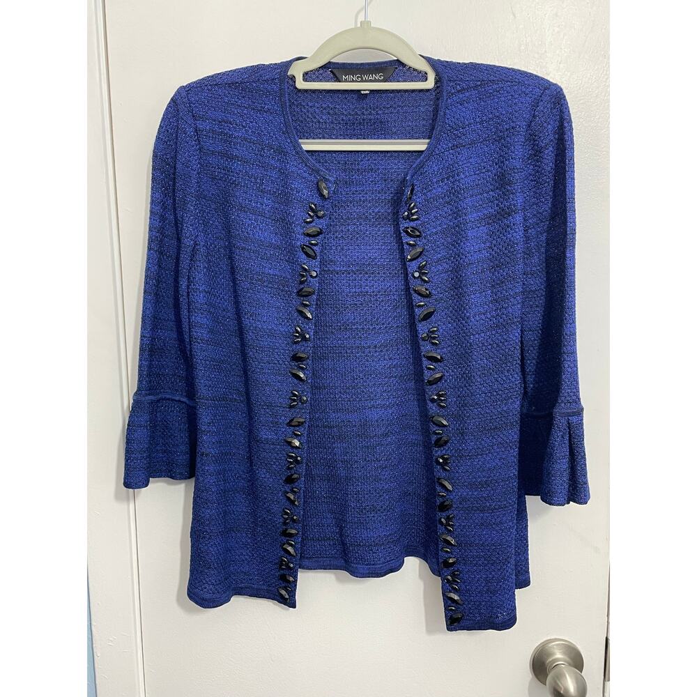 Ming Wang Cardigan Sweater XS Blue Beaded Ruffled 3/4 Sleeves Bling Twee NWT